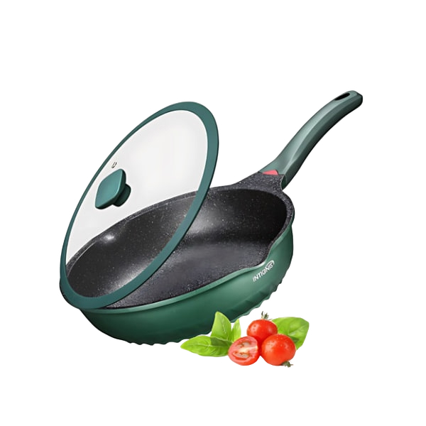 Frying Pan with Non Stick Lid - 28cm/30cm Deep Frying Pan, Non-Scratch Saute Pan, Stain-Free, German Greblon Ceramic Coating, Induction Frying Pan (Green, 28 CM)